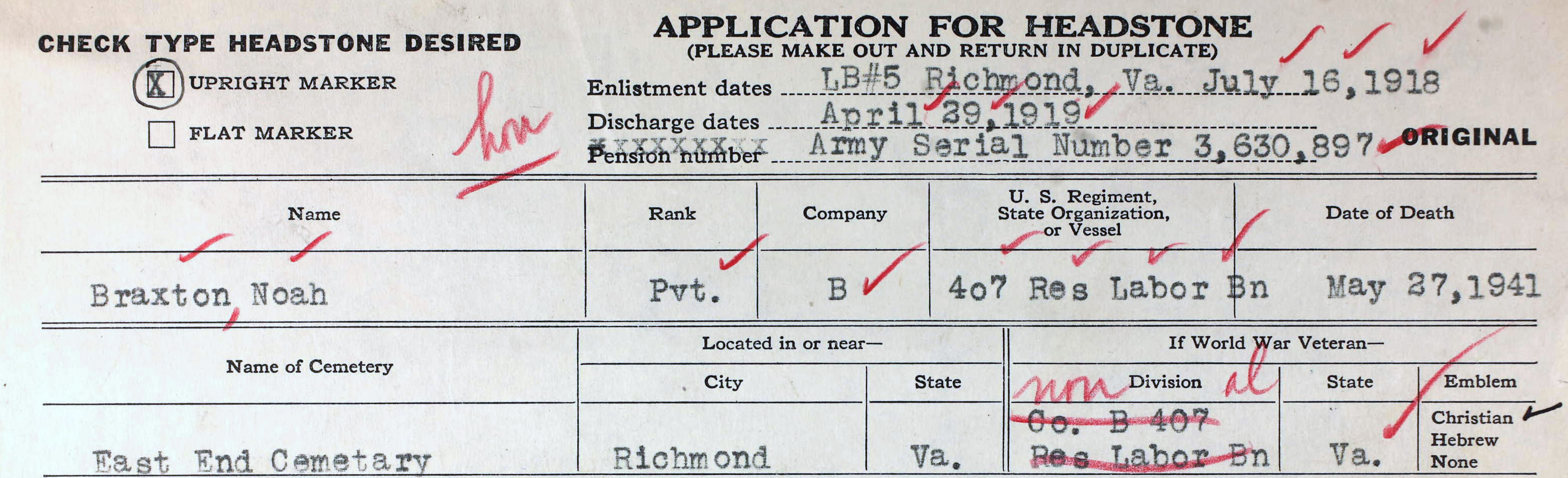 Application for veteran headstone dated 1918 for Noah Braxton of Richmond, VA